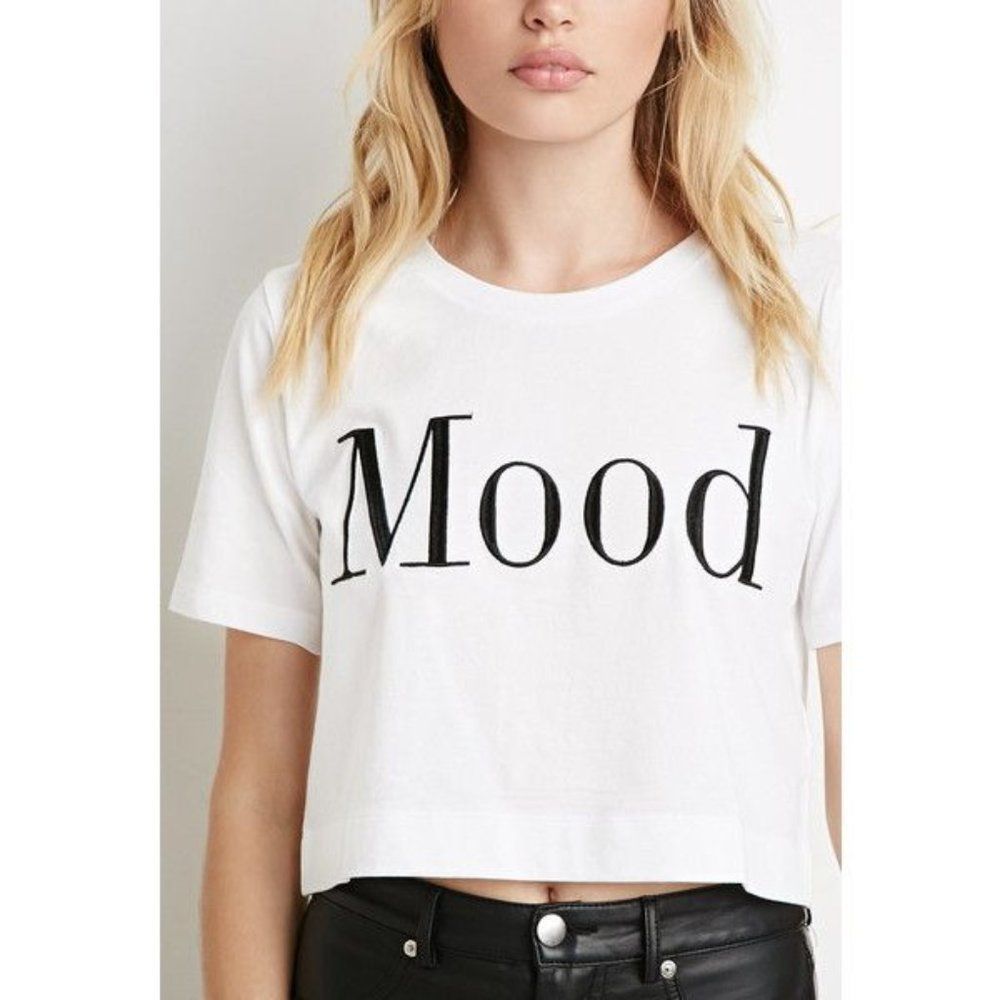 Forever 21 White Crop Top with Black 'Mood' Print